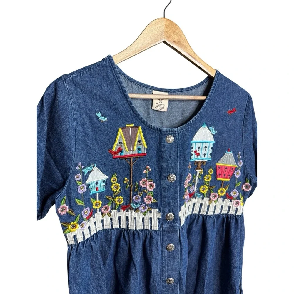 VTG Bechamel Grandmacore Farmcore Embroidered Chambray Button Up Dress Jean Sz M